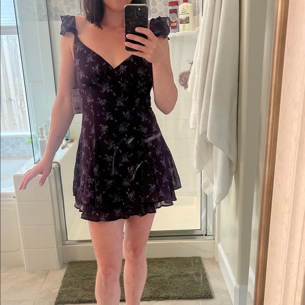 Women's Deep Purple Floral Ruffle Mini Dress